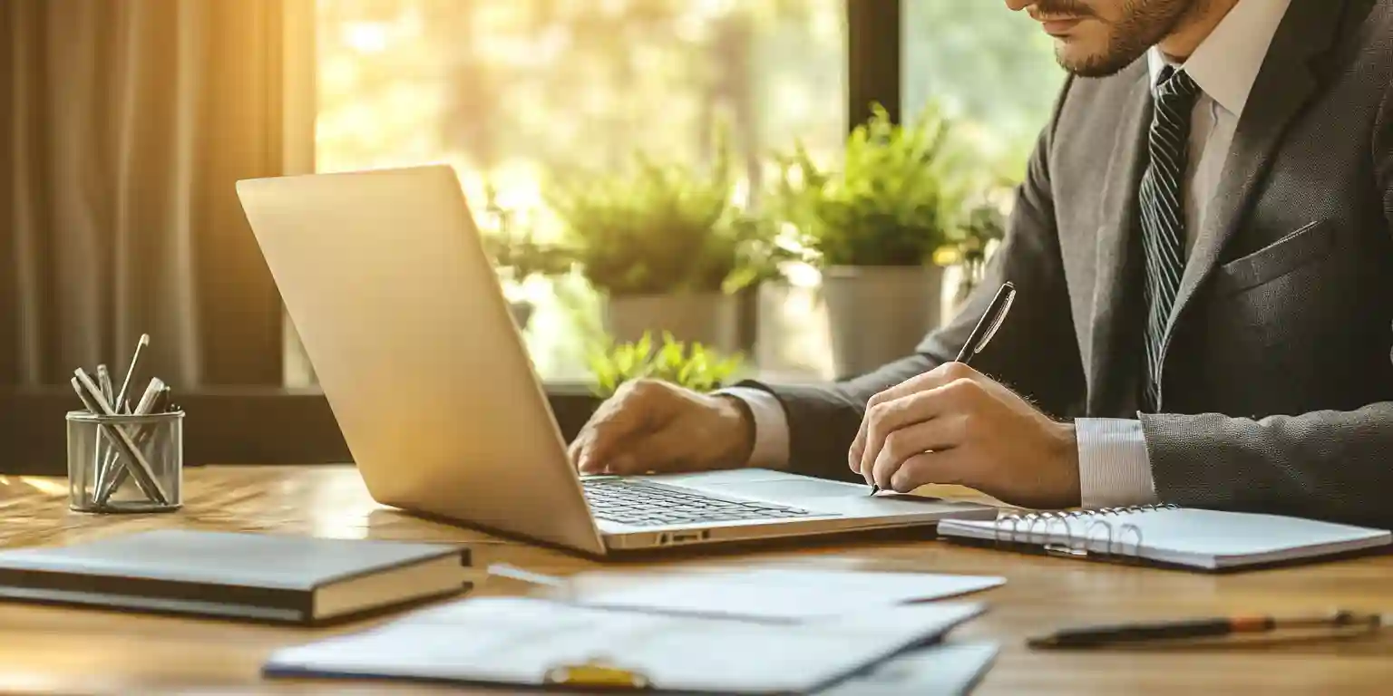 A focused individual working at a tidy desk with a laptop and notes