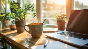 A cozy morning scene with sunlight streaming through a window, a journal open on a table, a hot cup of coffee, and a calm, organized space.