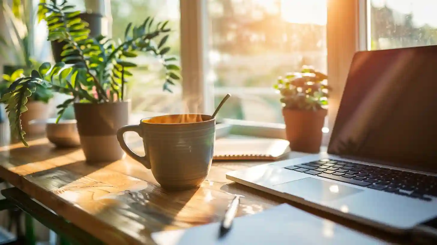 A cozy morning scene with sunlight streaming through a window, a journal open on a table, a hot cup of coffee, and a calm, organized space.