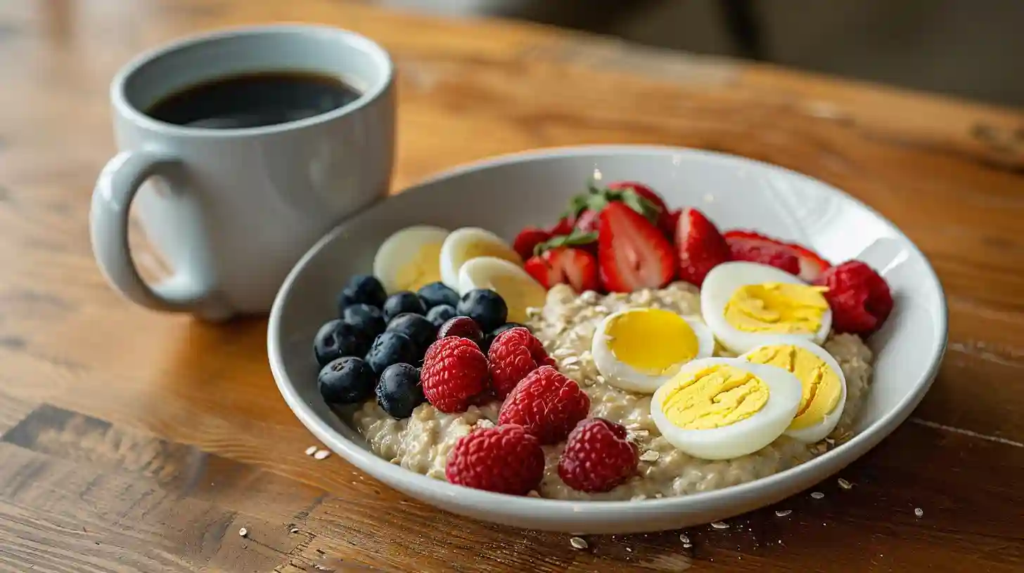 A healthy breakfast setup featuring oatmeal with berries, nuts, and a cup of coffee, providing energy for the day ahead.