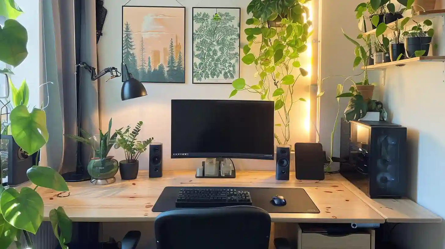 A clean and organized morning workspace with sunlight, a plant, motivational quote on the wall, and a cup of coffee.