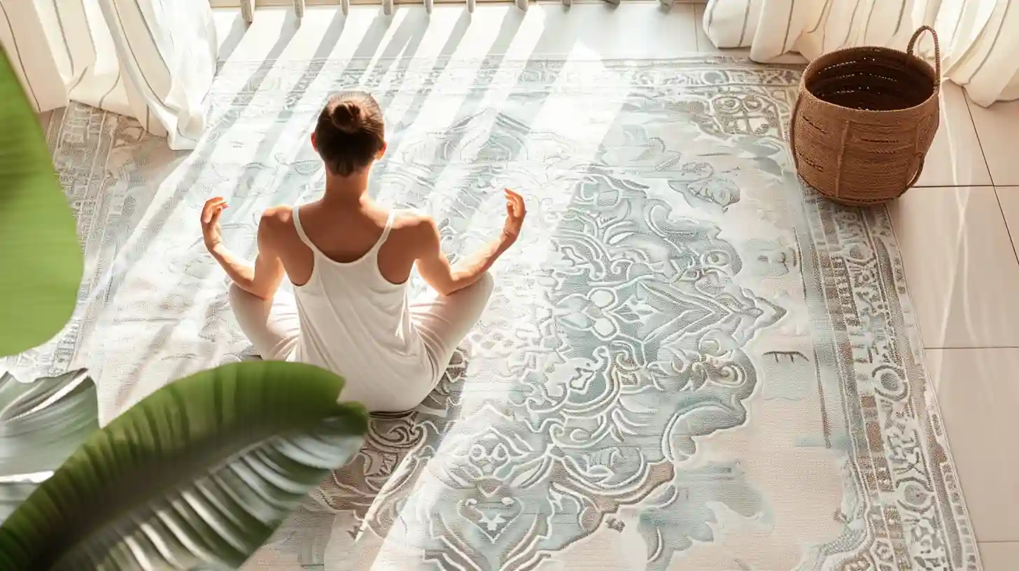 A person stretching or doing yoga in a bright room, surrounded by natural light and an uplifting atmosphere.
