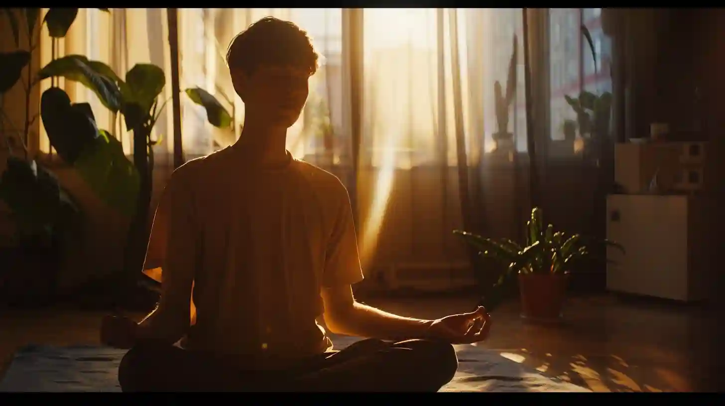 A person meditating cross-legged on a yoga mat in a peaceful room with soft morning sunlight and a calm atmosphere.