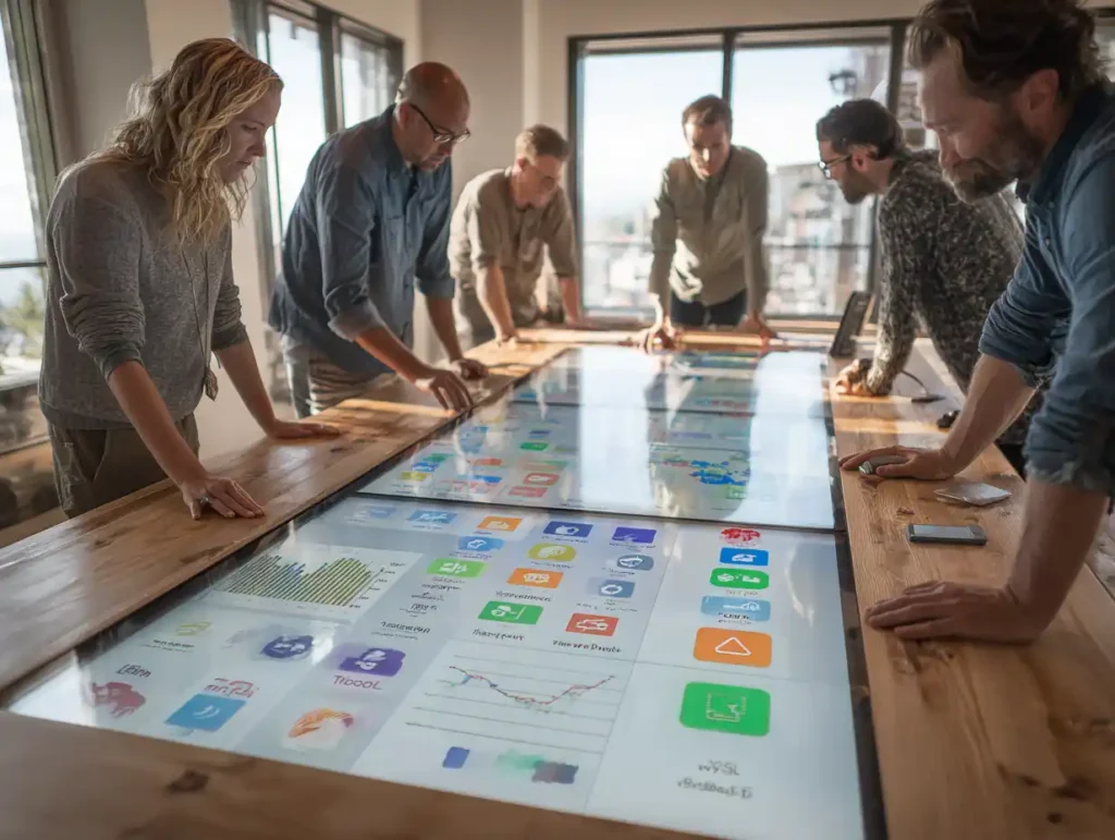 Team collaborating around a touchscreen table showing cloud storage and time‑tracking icons, illustrating the use of production resource tools to boost productivity.