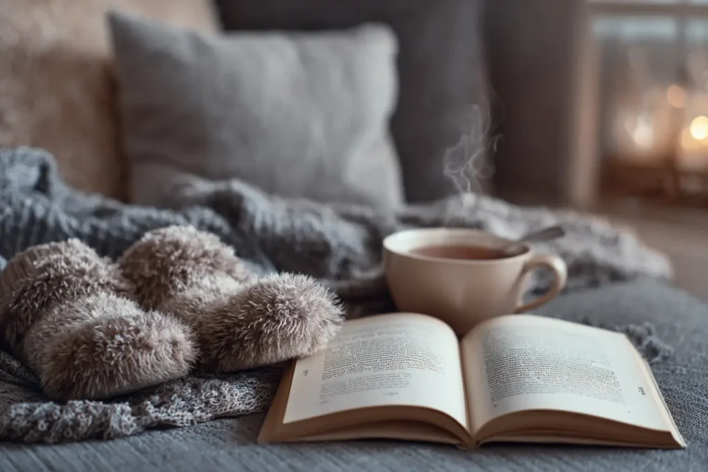 Cozy comforts from a self care basket on a sofa.