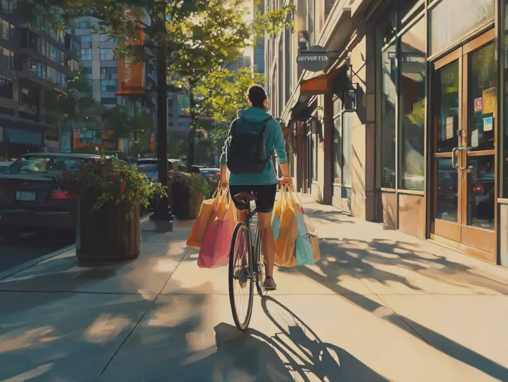 Commuter on a bike path carrying reusable bags—practical time management tips exercise.