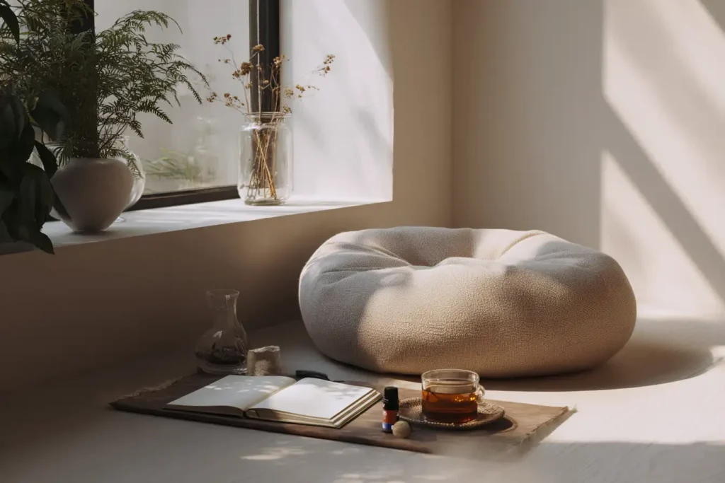 A mindfulness-themed self care basket setup.