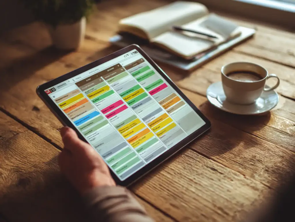 Hand holding a tablet displaying an organized task list with priority tags, highlighting production resource tools for streamlined task management.