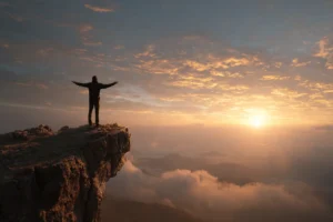 Person on cliff edge embracing confidence building exercises