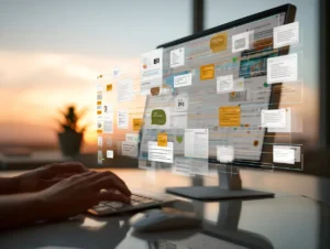 Hands typing on a wireless keyboard in front of a widescreen monitor displaying an integrated workflow dashboard with project management, chat, and production resource tools icons.