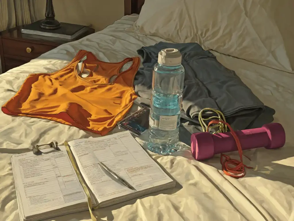 Workout clothes, resistance bands, and water bottle laid out next to a planner on a bed on Sunday evening—practical time management tips exercise.
