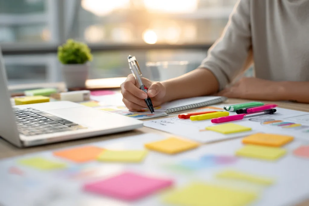 Person using a smart goals worksheet to organize tasks and boost productivity